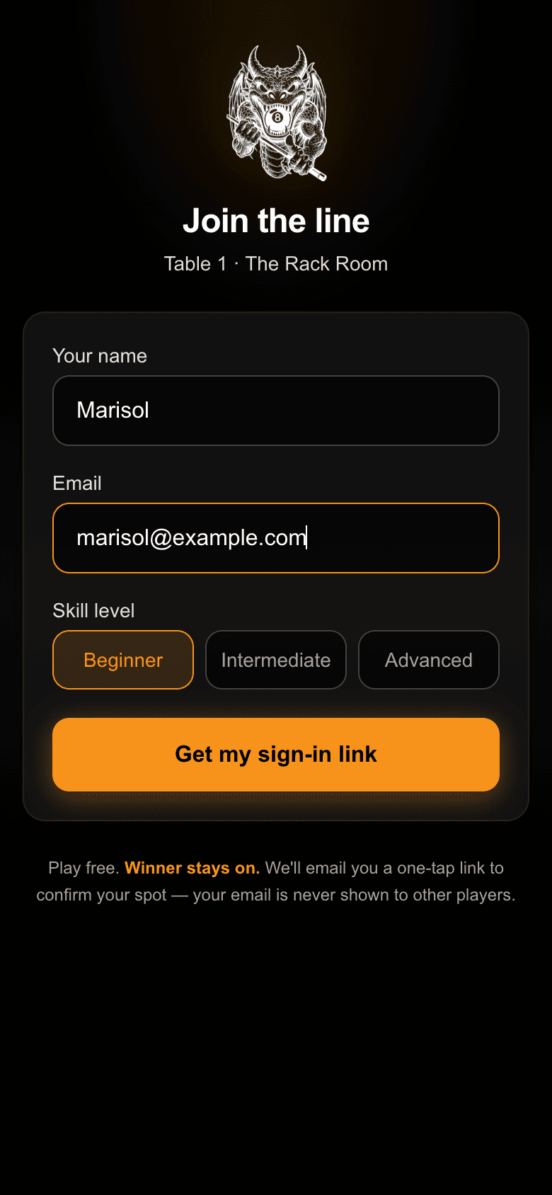 CueLibre registration form for Table 1 at a venue, asking for name, email, and skill level
