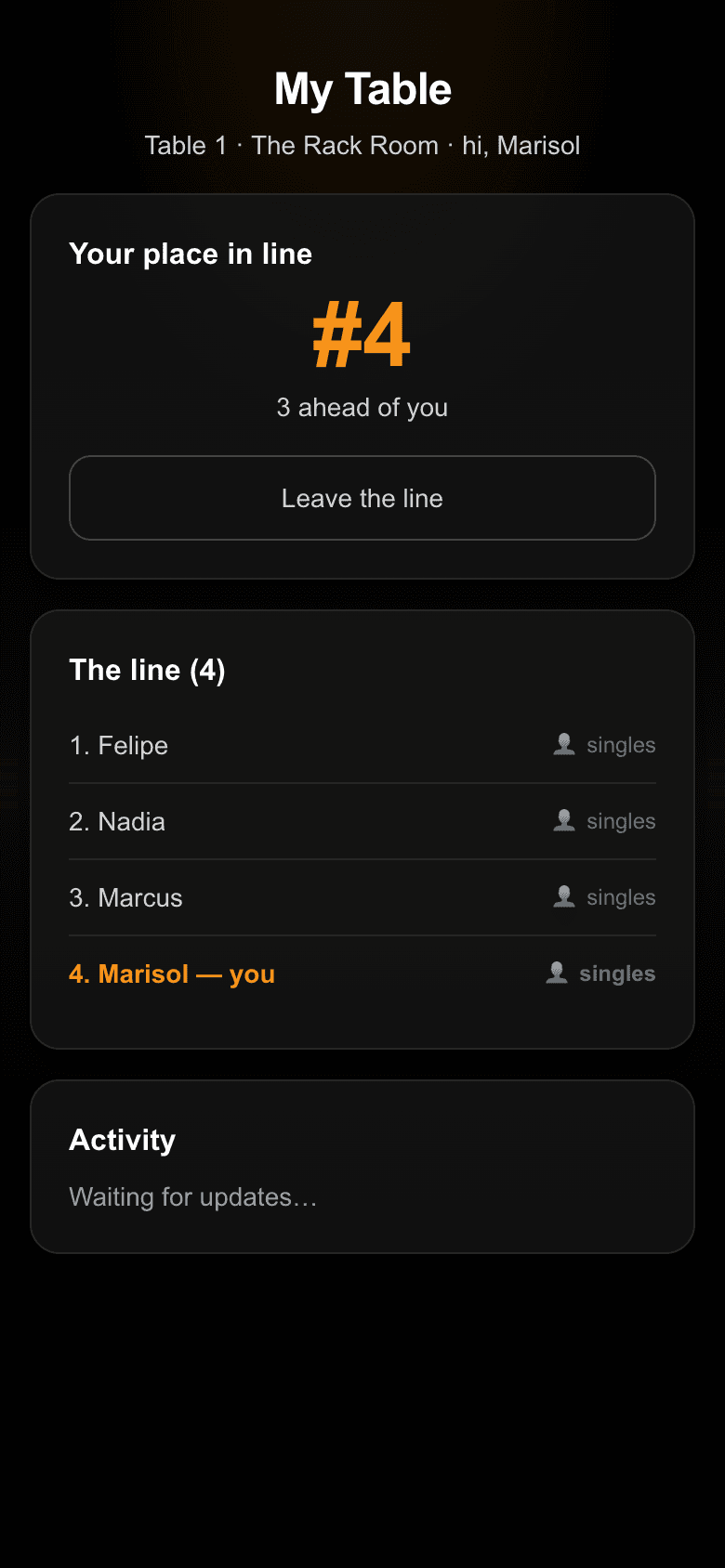 My Table screen showing place number four in line and the full list of waiting players