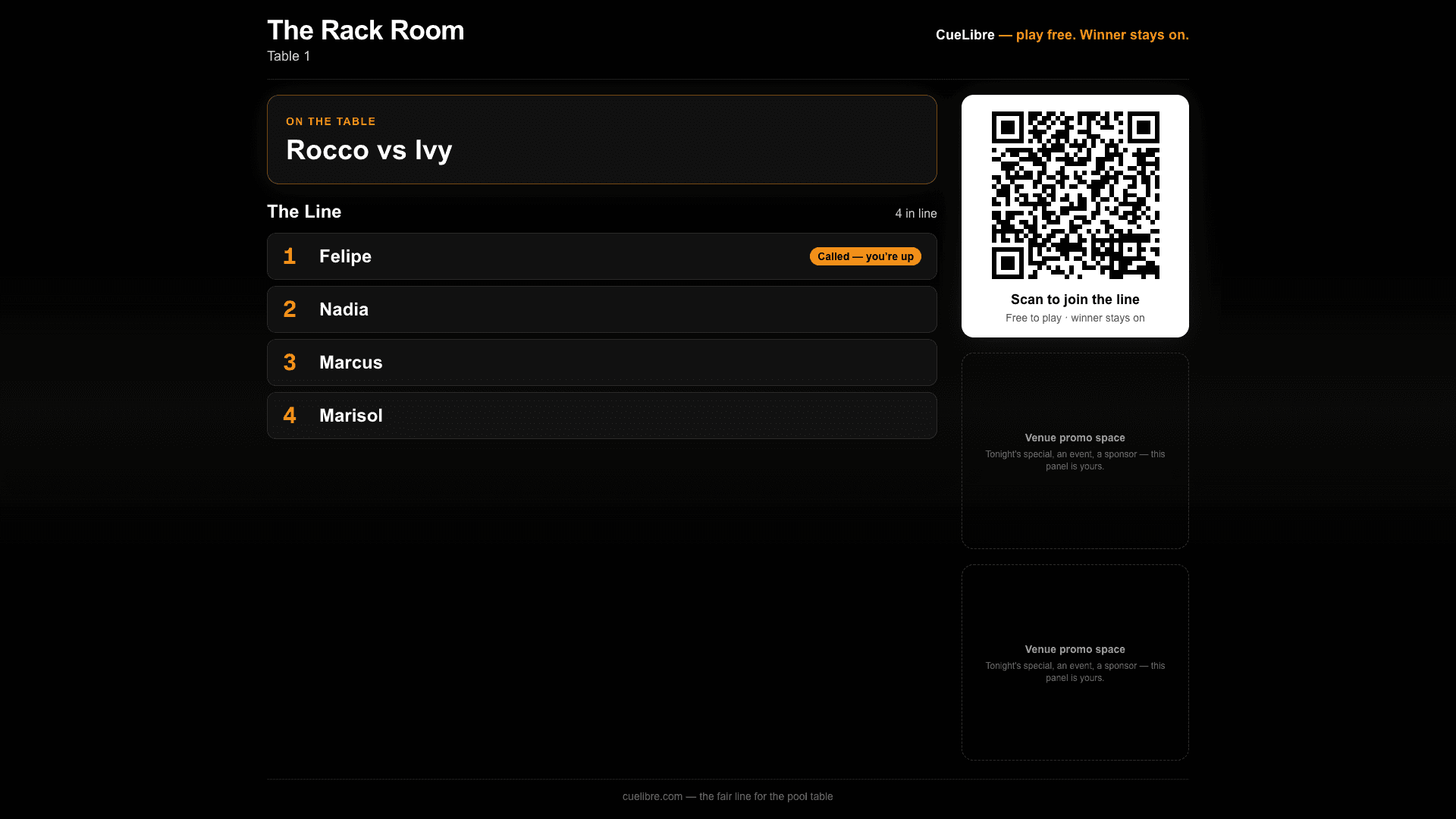 The venue's big-screen monitor showing who's on the table, the live line, a join QR code, and venue promo panels